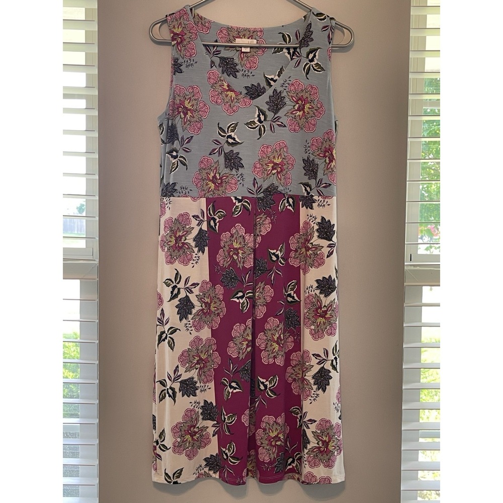 J Jill Dress Womens Small Blue Multi Floral Patchwork Sleeveless Midi Summer